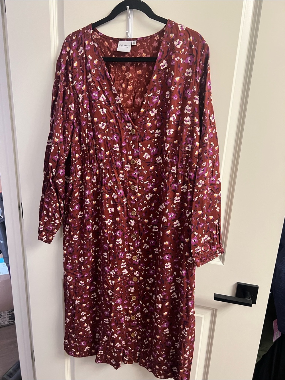 Junarose Burgundy Floral Long-Sleeve Button Dress